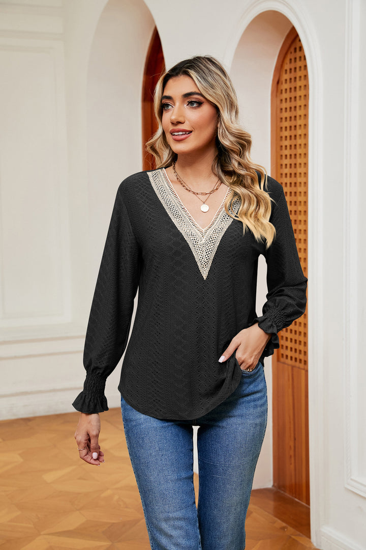 Black Contrast crochet V-neck eyelet blouse with flounce cuffs