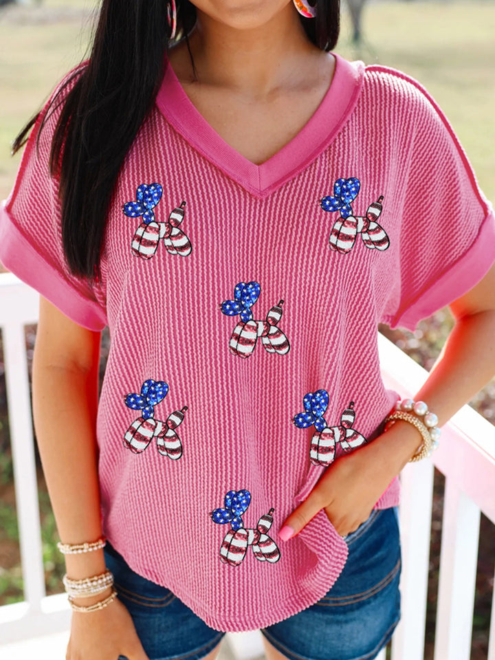 Hot Pink Sequin patriotic balloon dog ribbed v-neck tee