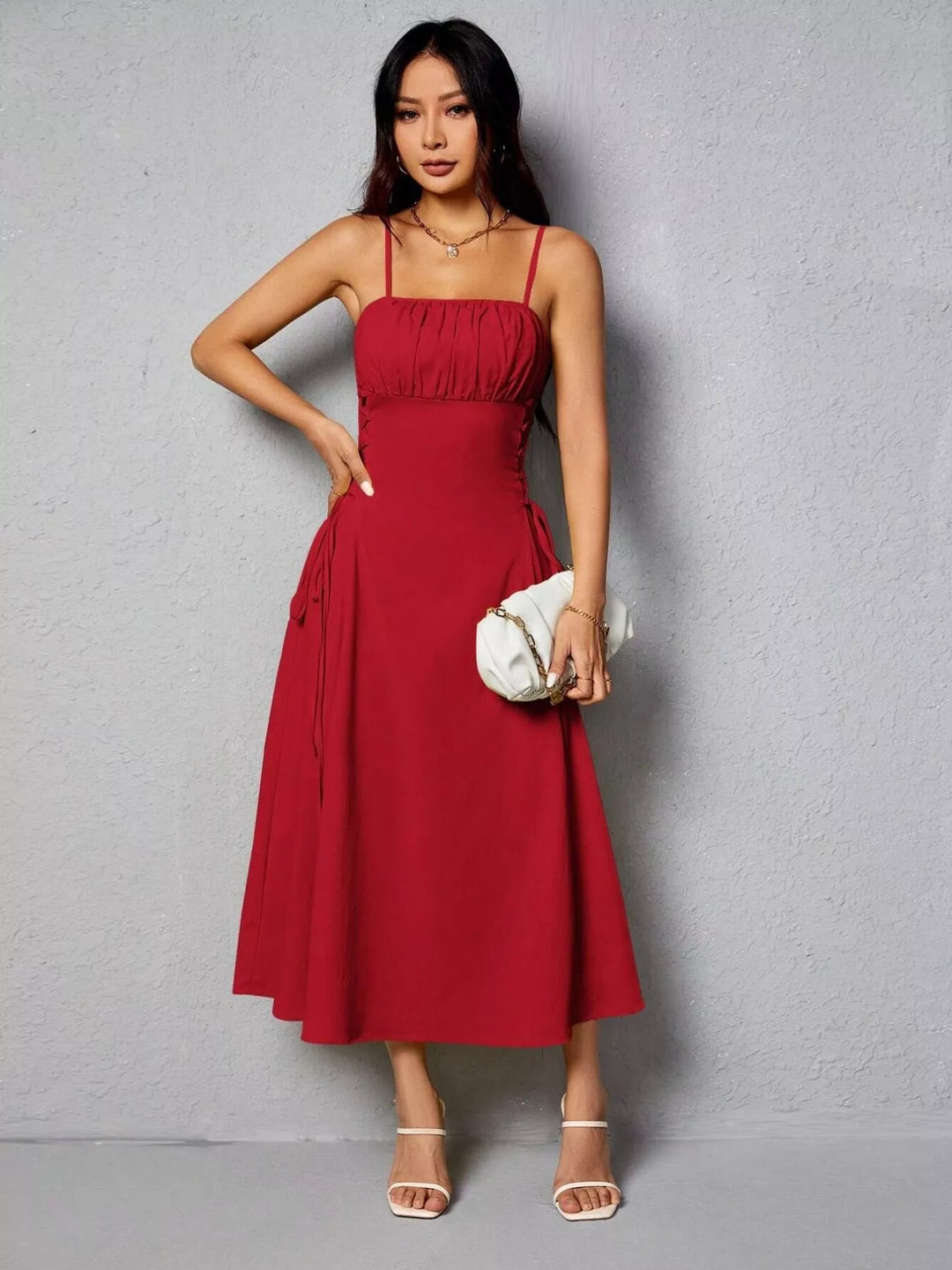 Lace-up side A-line midi dress with ruched bodice