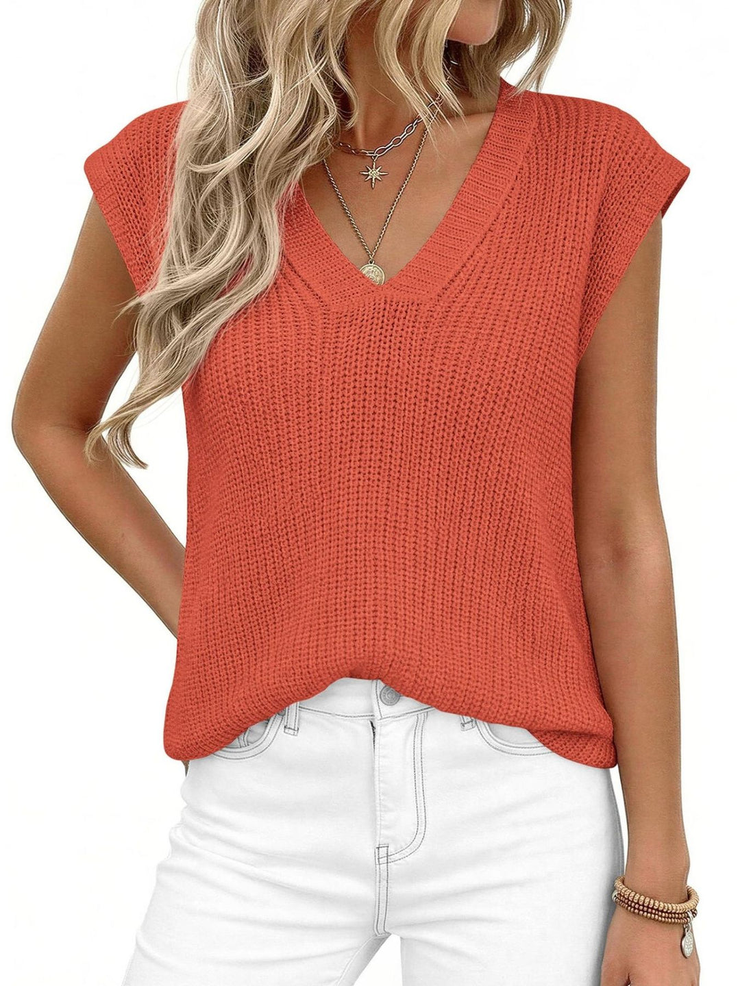 V-neck cap sleeve waffle knit sweater vest