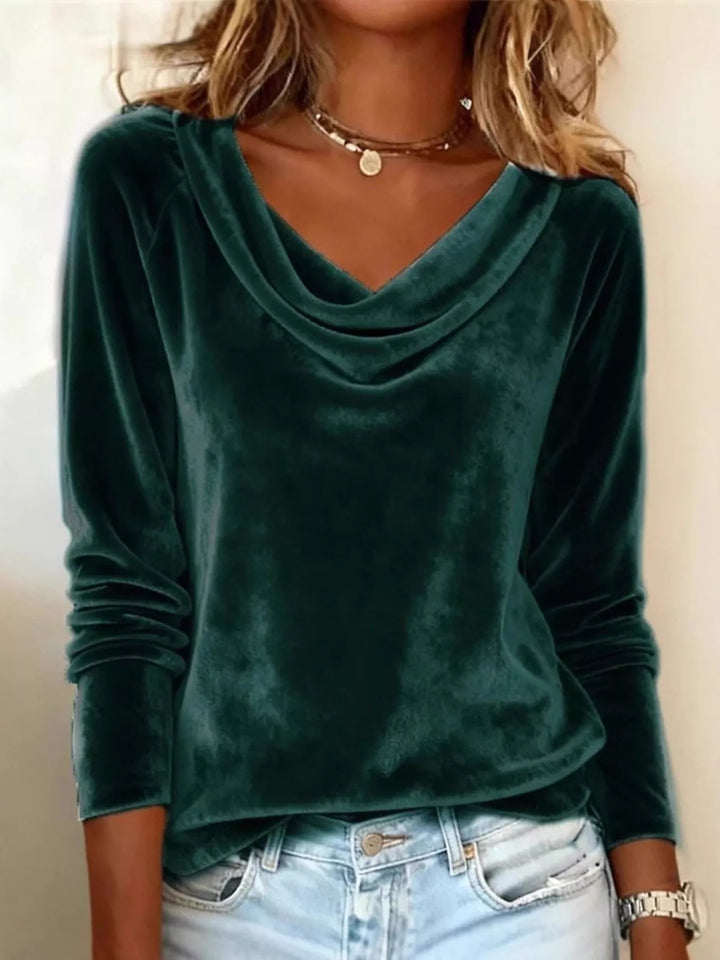 Velvet cowl neck draped long sleeve top