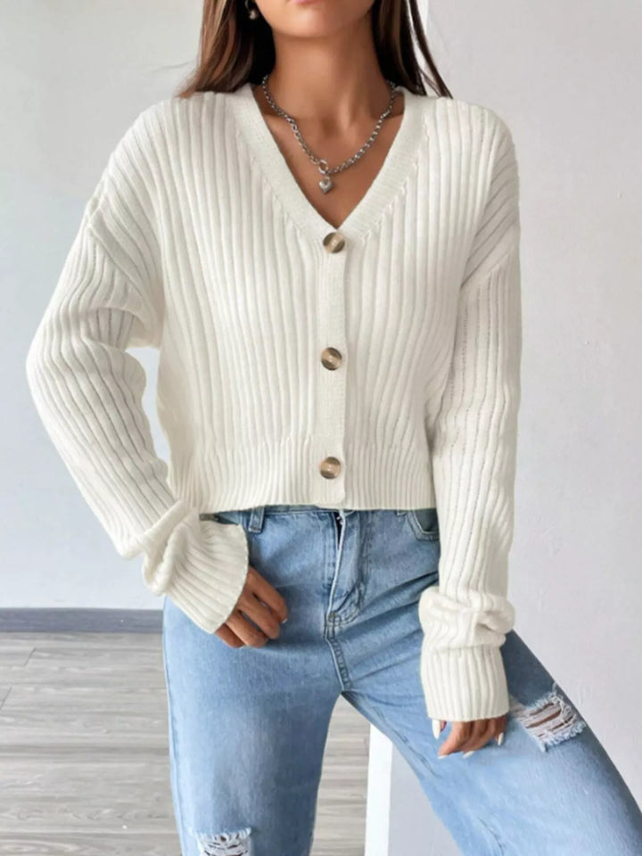 White Ribbed knit V-neck button-up cardigan with drop shoulders