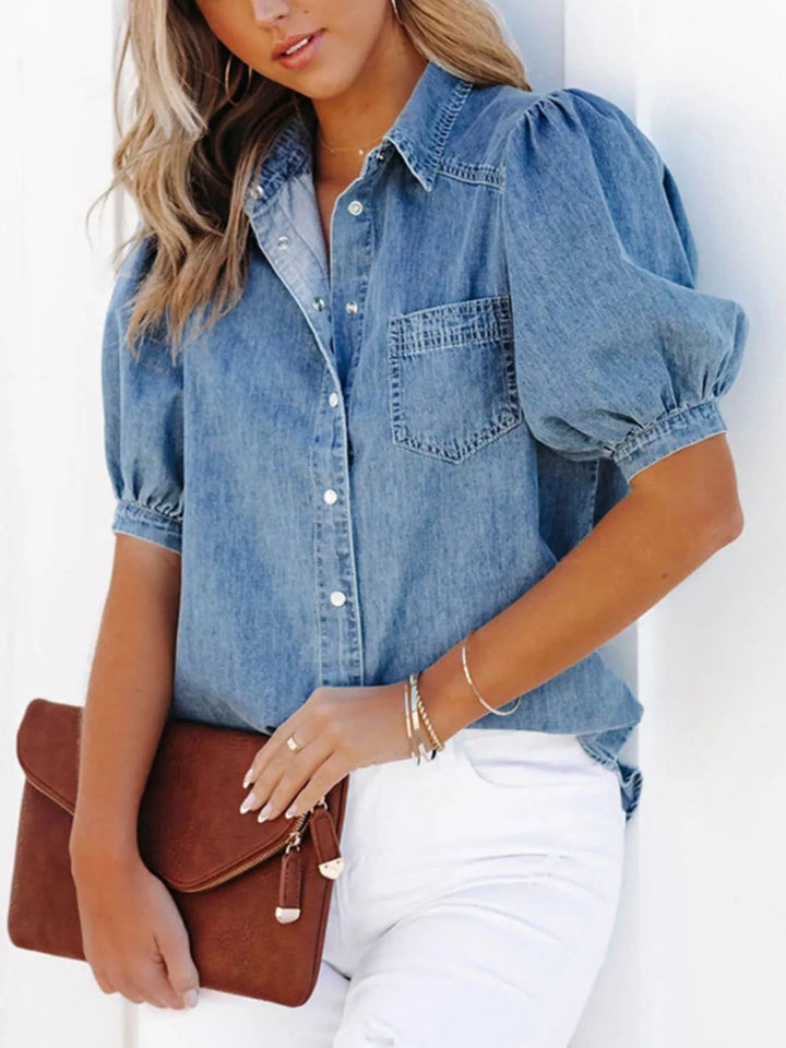 Puff sleeve button-down denim shirt with chest pocket