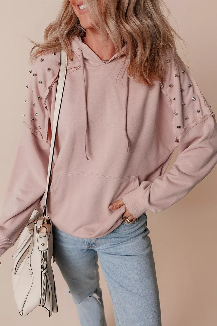 Dusty Pink Studded shoulder drawstring hoodie with kangaroo pocket
