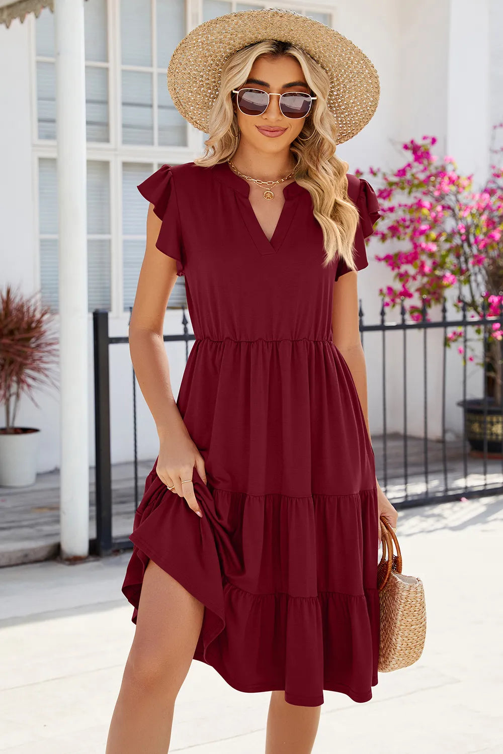 Flutter sleeve tiered midi dress with notched V-neck