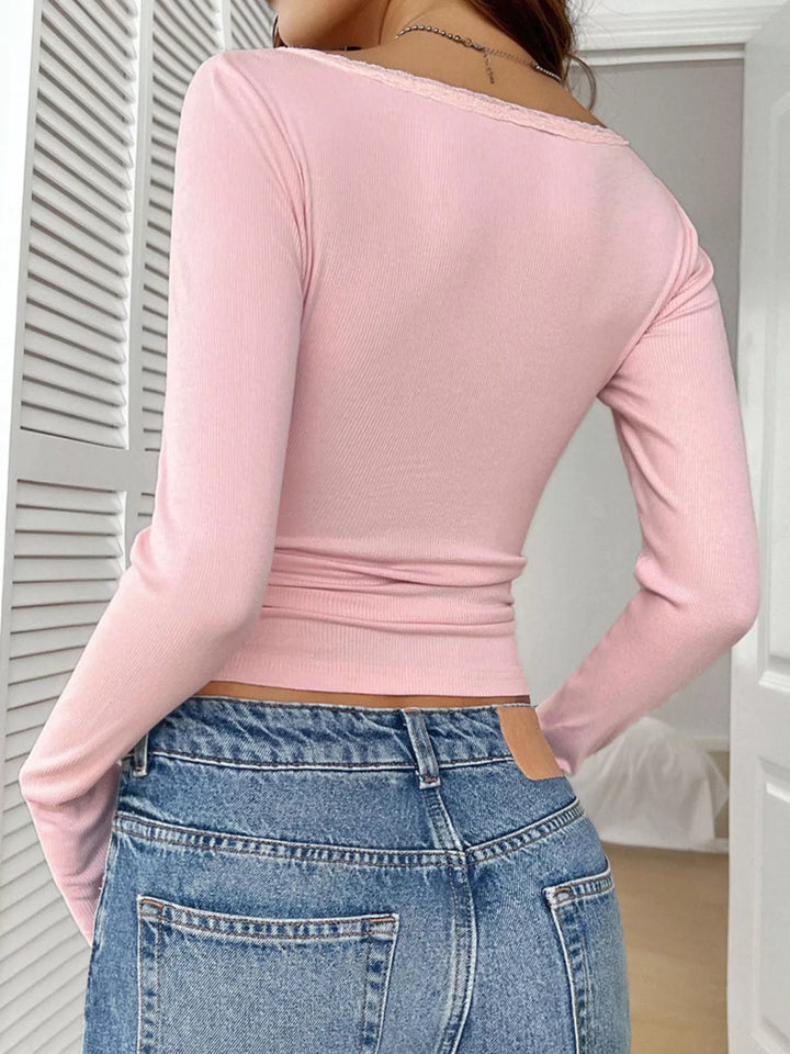 Ribbed knit lace-trim henley long sleeve top