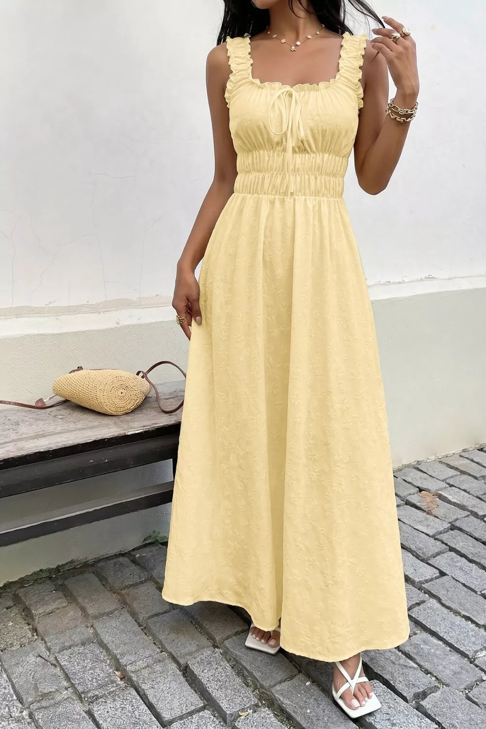 Square-neck smocked-waist maxi dress with ruffle straps