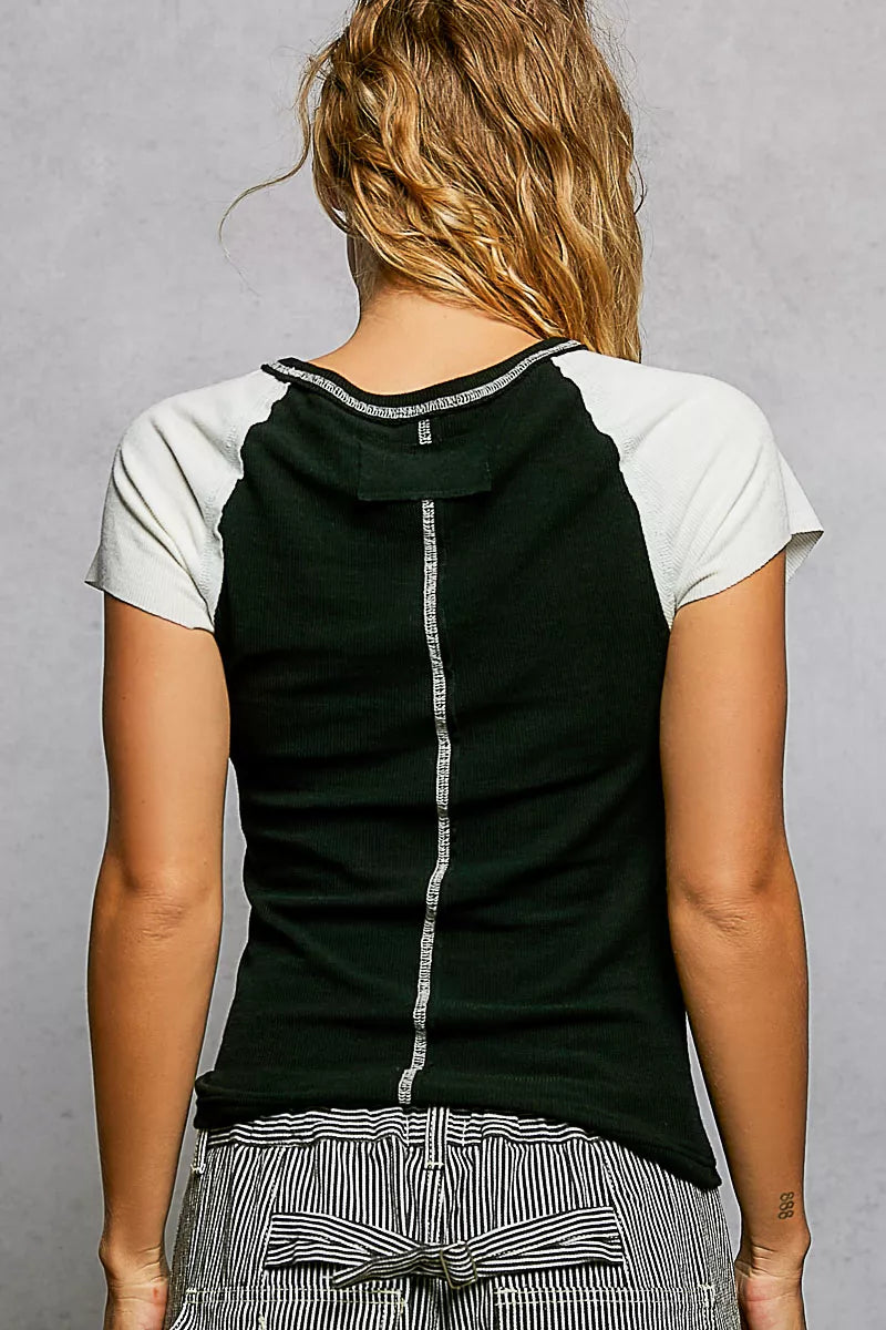 Ribbed contrast cap sleeve tee with exposed seams