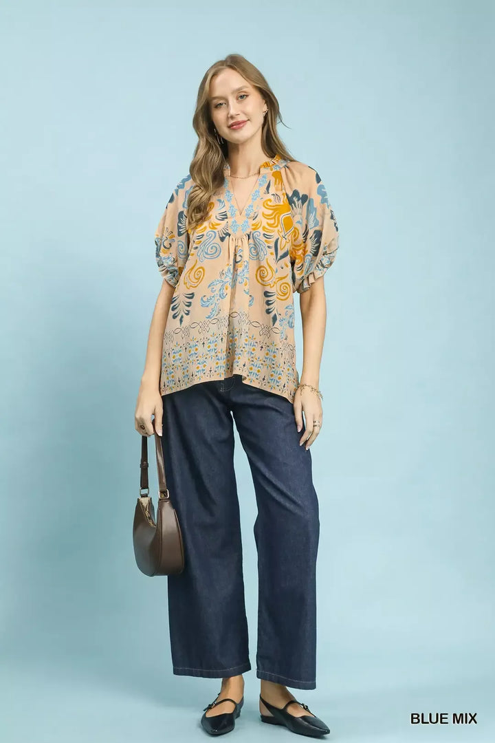Border print puff sleeve v-neck blouse with embroidered placket