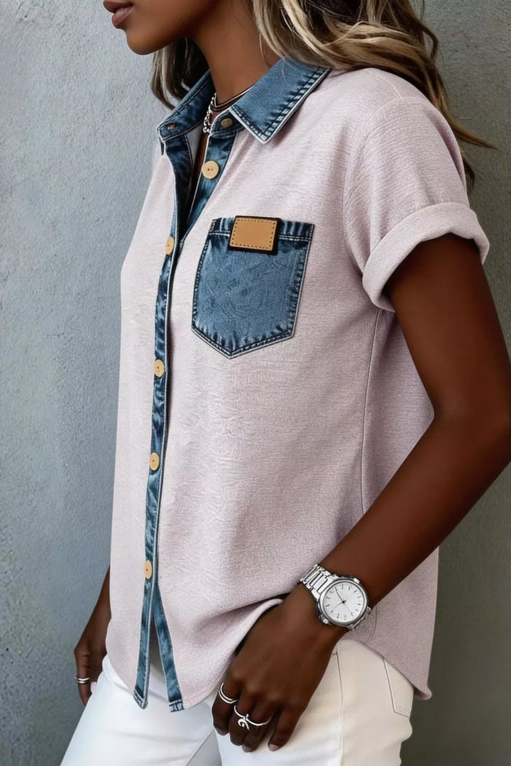 Contrast denim-trim short-sleeve button-down shirt with chest pocket