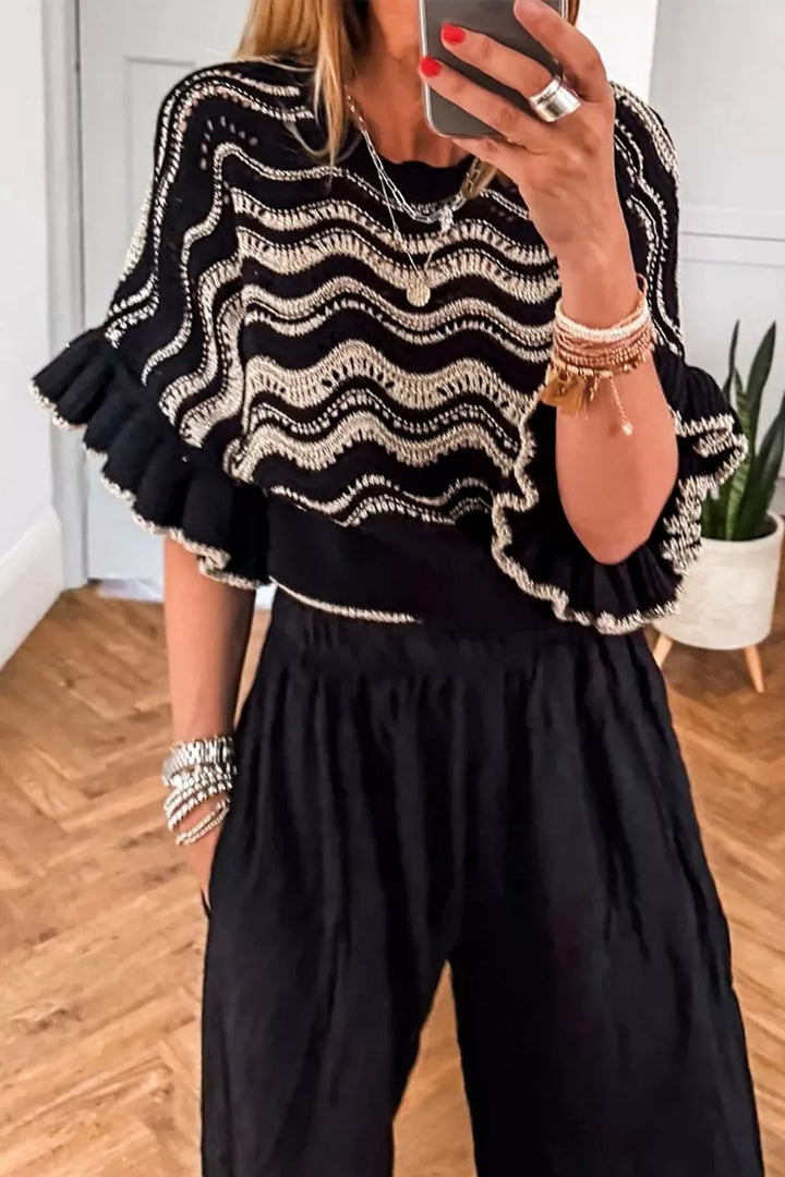 Black Openwork wave-knit sweater with tiered ruffle sleeves