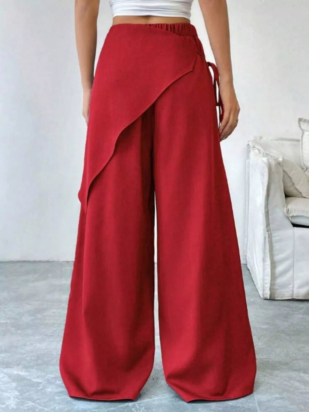 High-rise wrap-front wide-leg pants with drawstring tie