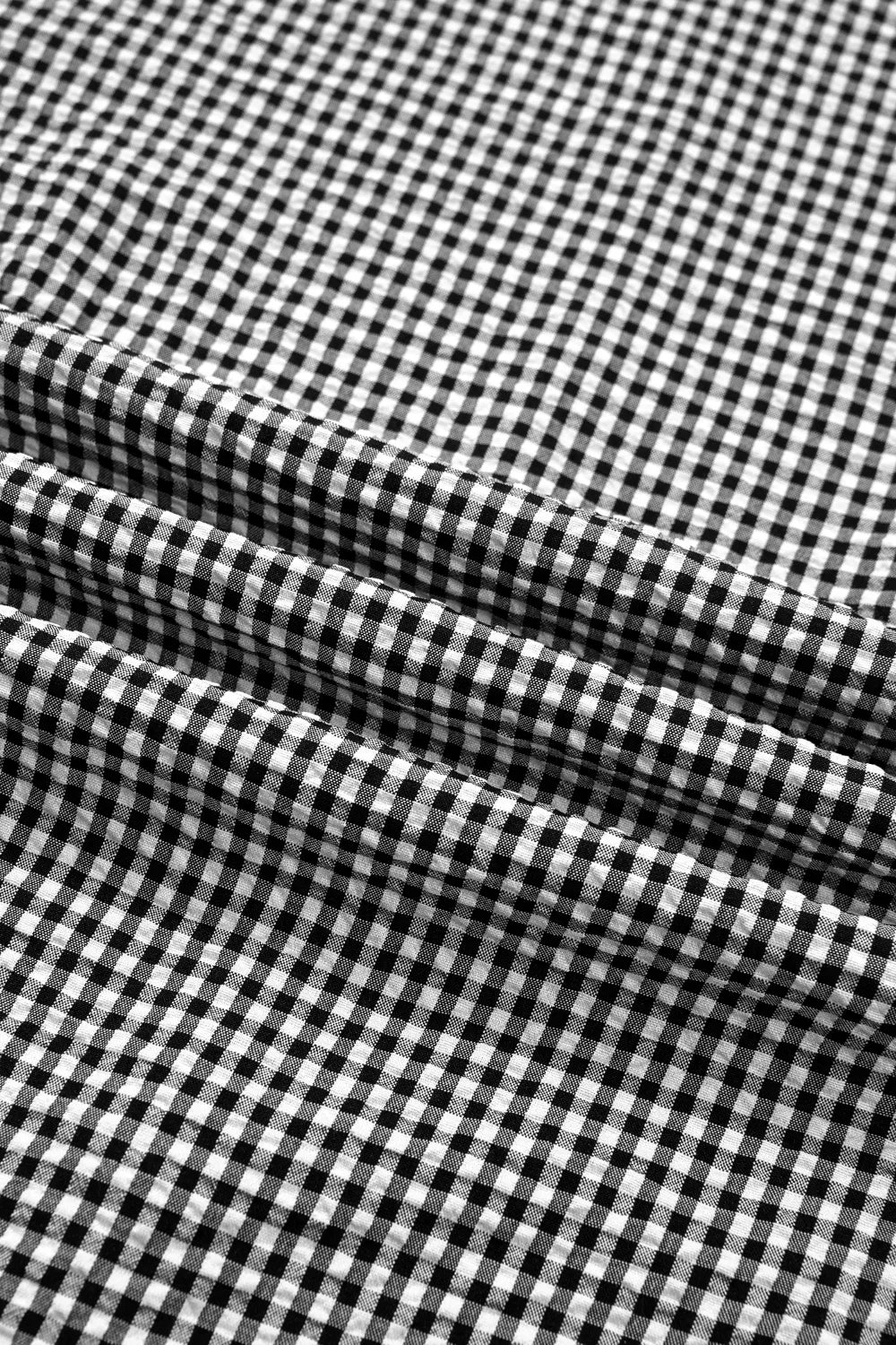 Gingham ruffle half-sleeve crew neck blouse