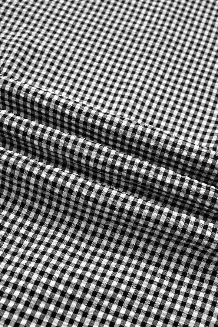 Gingham ruffle half-sleeve crew neck blouse