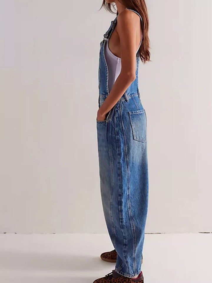 Wide-leg cotton denim overalls with adjustable straps