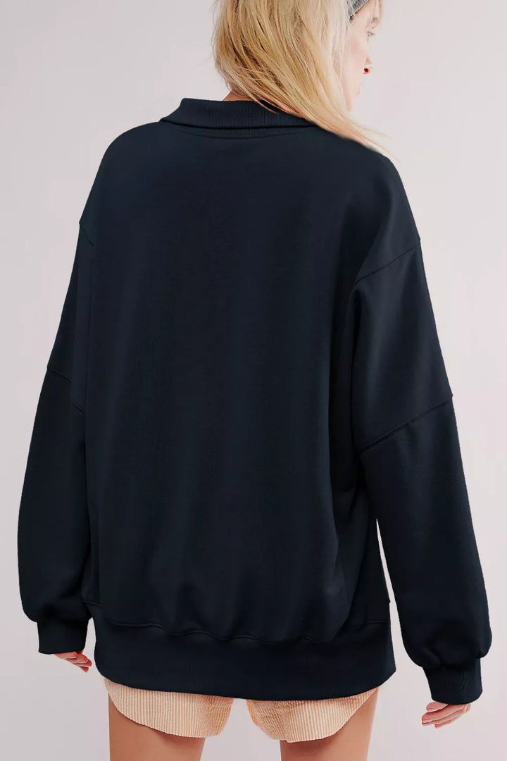 Buttoned collar raw seam high-low baggy sweatshirt with slits