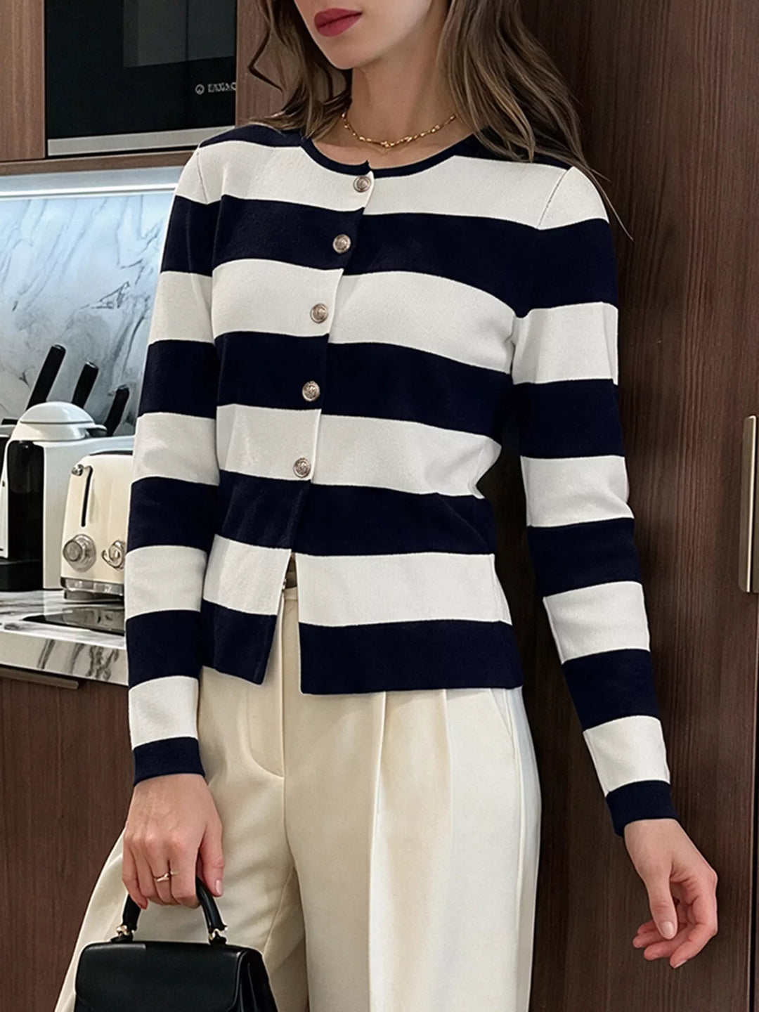 Wide stripe knit cardigan with gold crest buttons