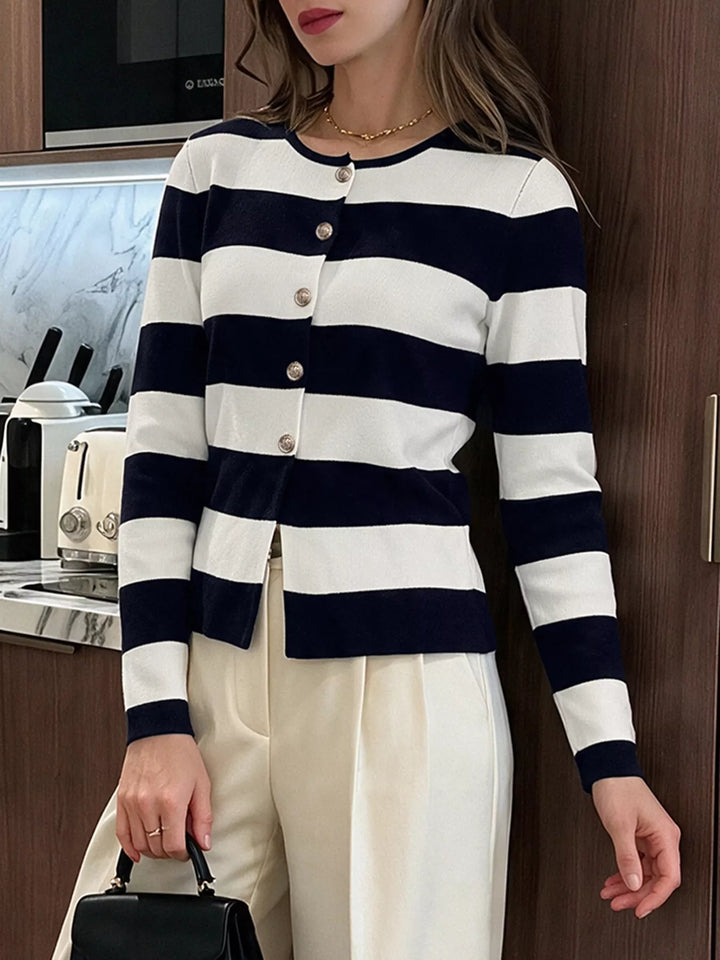 Wide stripe knit cardigan with gold crest buttons