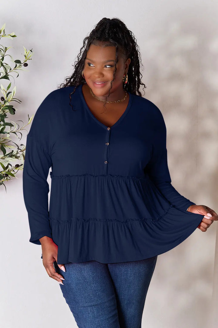 Dark Blue Half-button long sleeve blouse with tiered ruffle hem