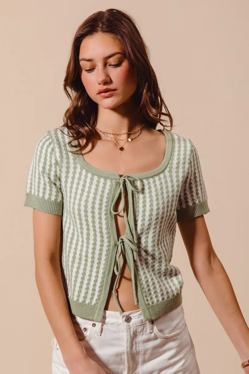Tie-front striped short sleeve knit cardigan