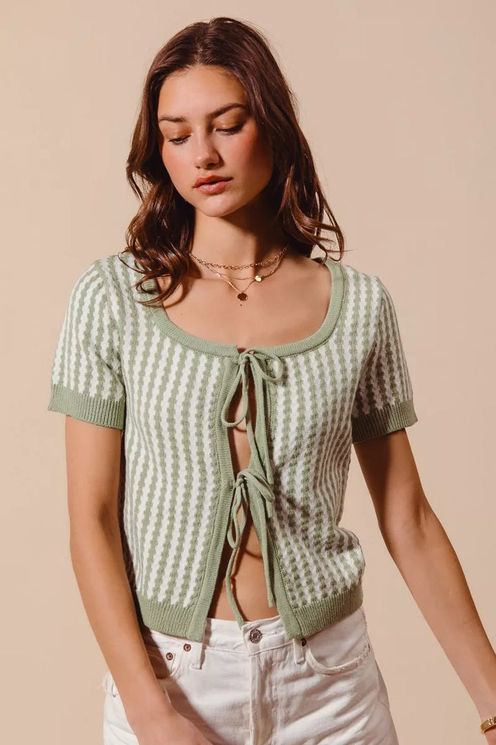 Tie-front striped short sleeve knit cardigan