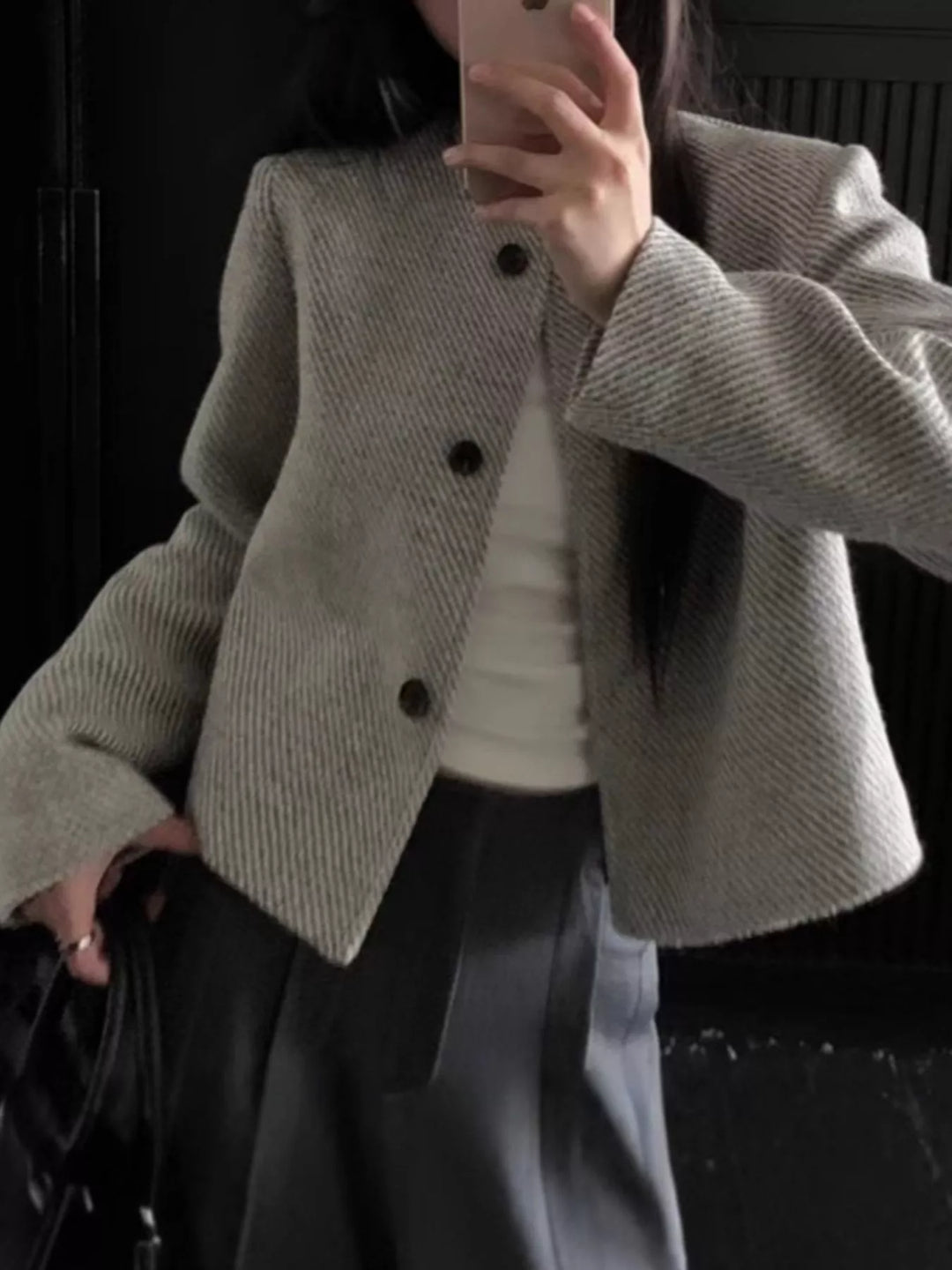 Collarless tweed cropped jacket with button front
