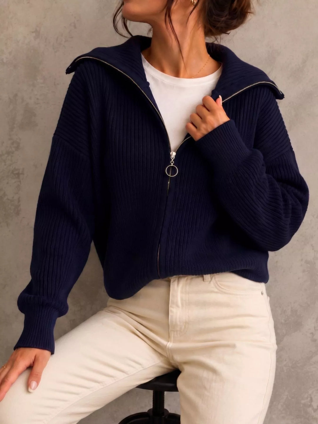 Chunky two-way zip sweater jacket with foldover collar