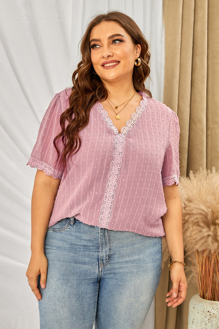 Plus size Swiss dot blouse with crochet lace V-neck