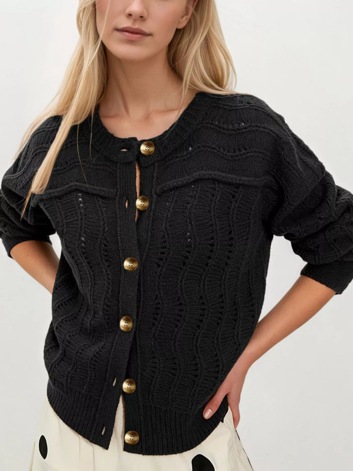 Openwork pointelle knit button-down cardigan