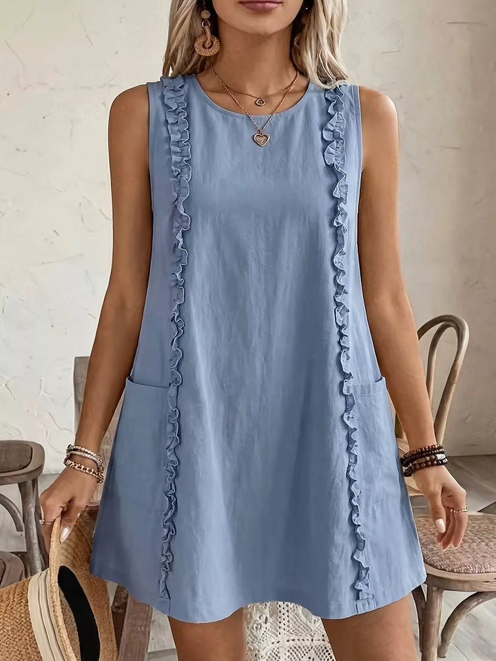 Light Blue Ruffle-trim sleeveless mini dress with side pockets