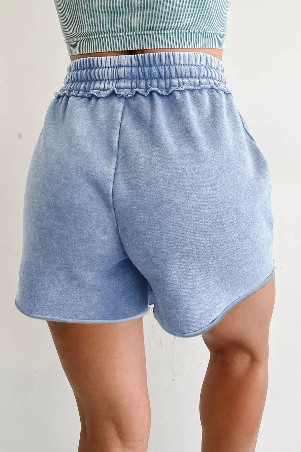 Acid-wash cotton drawstring shorts with side pockets