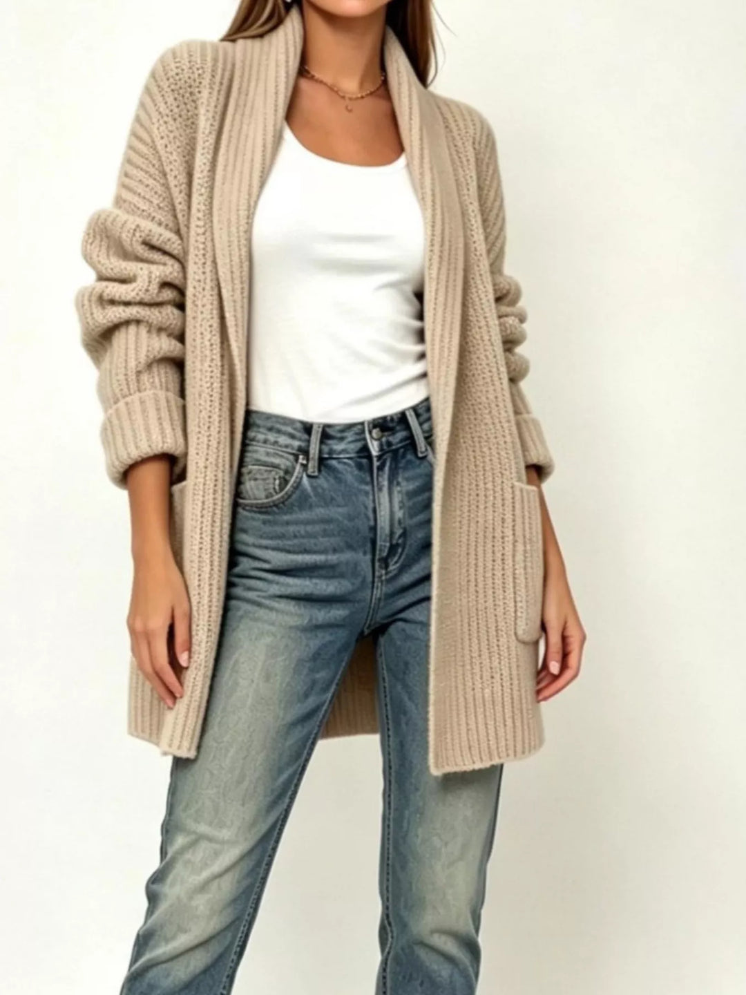 Khaki Ribbed open-front cardigan with shawl collar and pockets