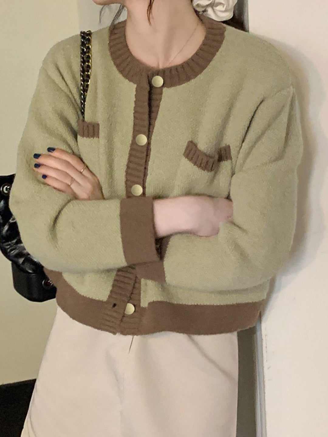 Contrast-trim button-up knit cardigan with patch pockets