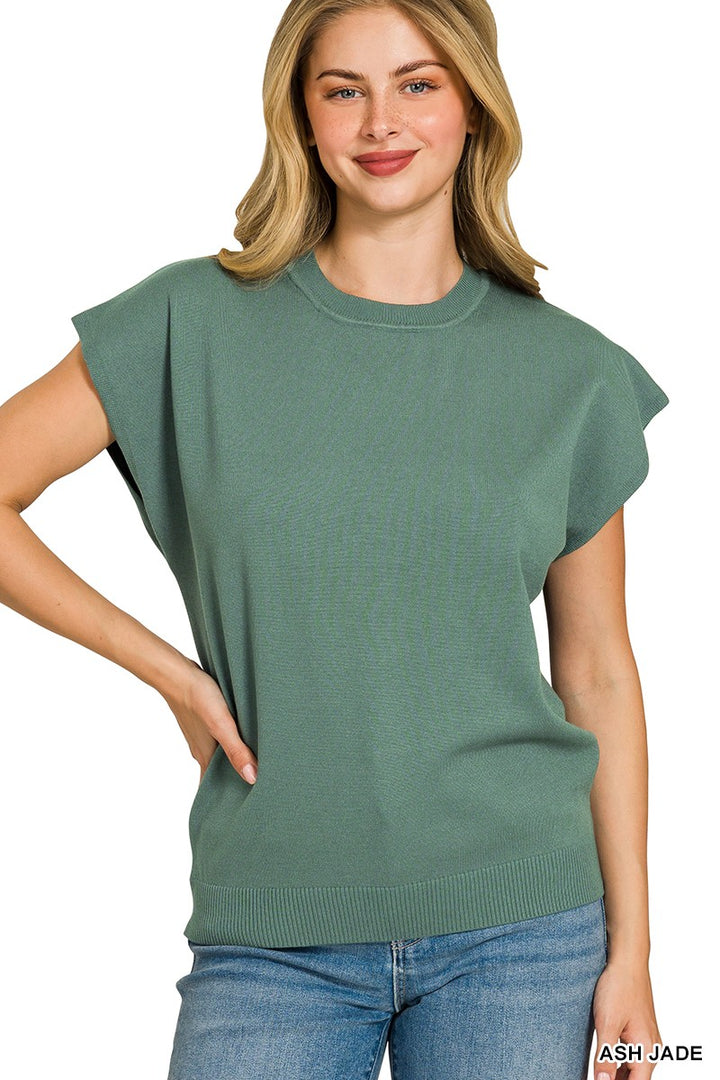 ASH JADE Extended-shoulder short sleeve knit sweater with ribbed trim