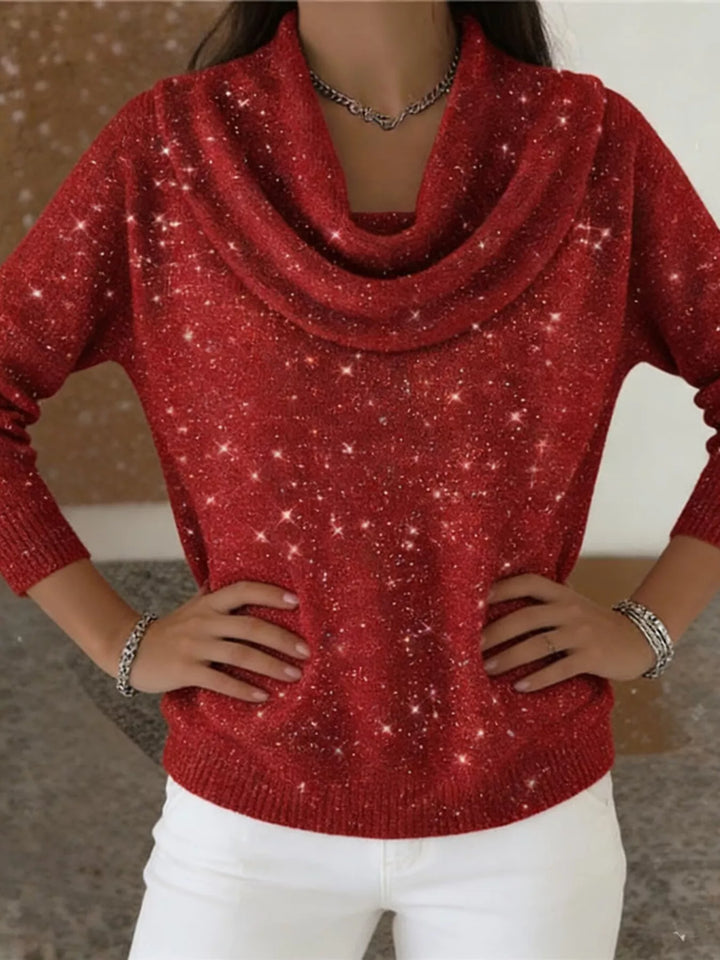 Metallic ribbed knit cowl neck sweater with curved hem