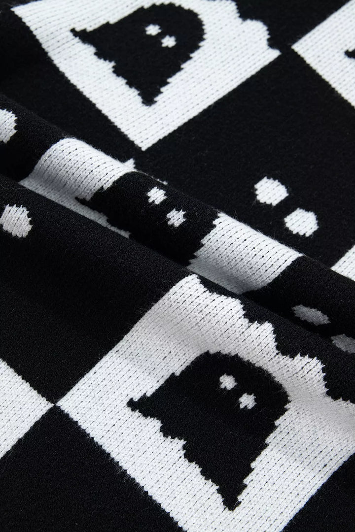 Ghost checkerboard knit sweater with contrast ribbed trim