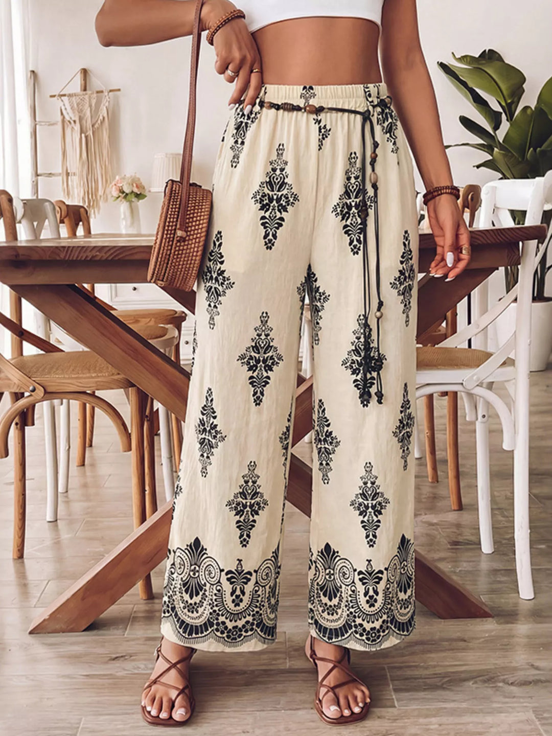 Beige Boho medallion print wide-leg drawstring pants