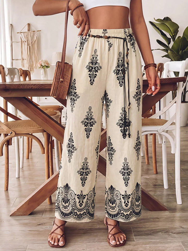 Beige Boho medallion print wide-leg drawstring pants