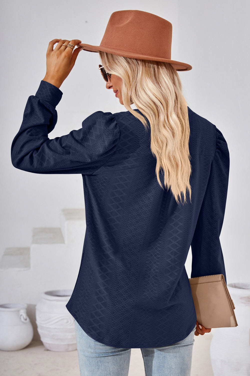 Textured knit split-neck puff sleeve blouse