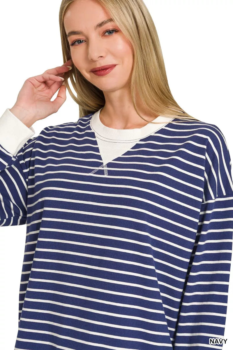 Striped crew neck sweatshirt with contrast ribbed trim