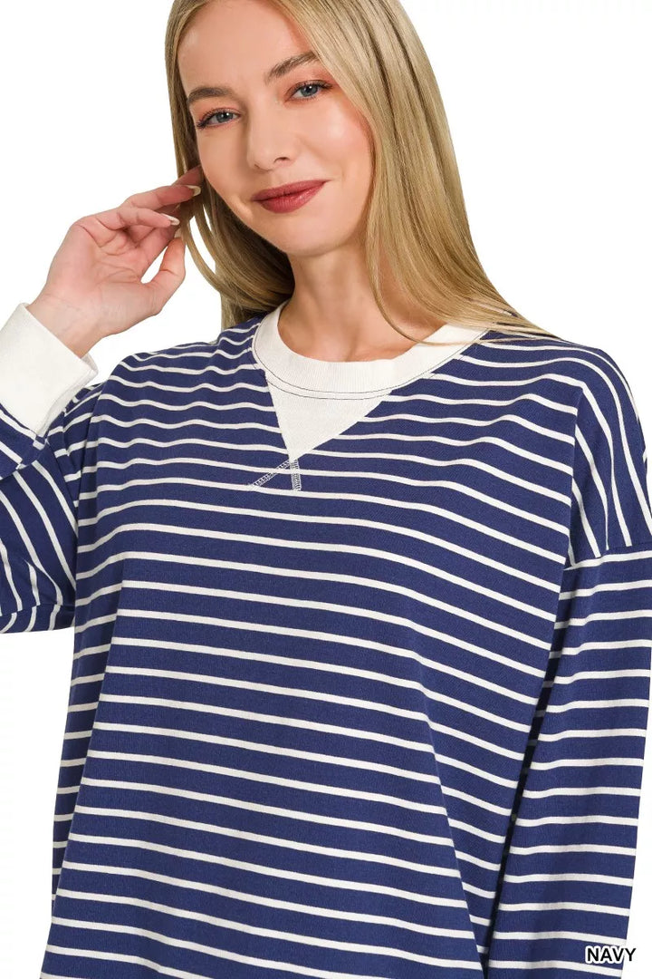 Striped crew neck sweatshirt with contrast ribbed trim