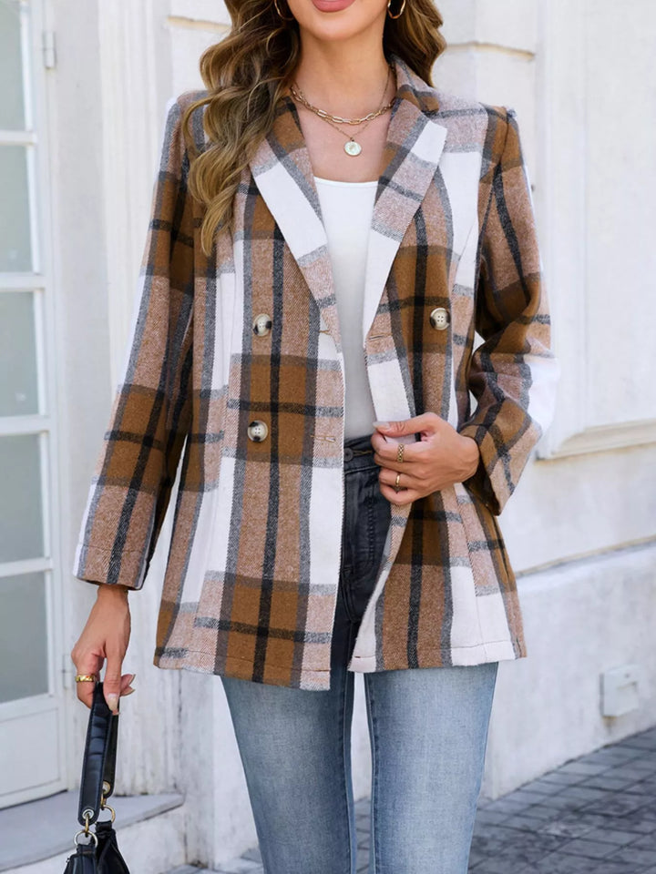 Khaki Plaid double-breasted blazer with notched lapels