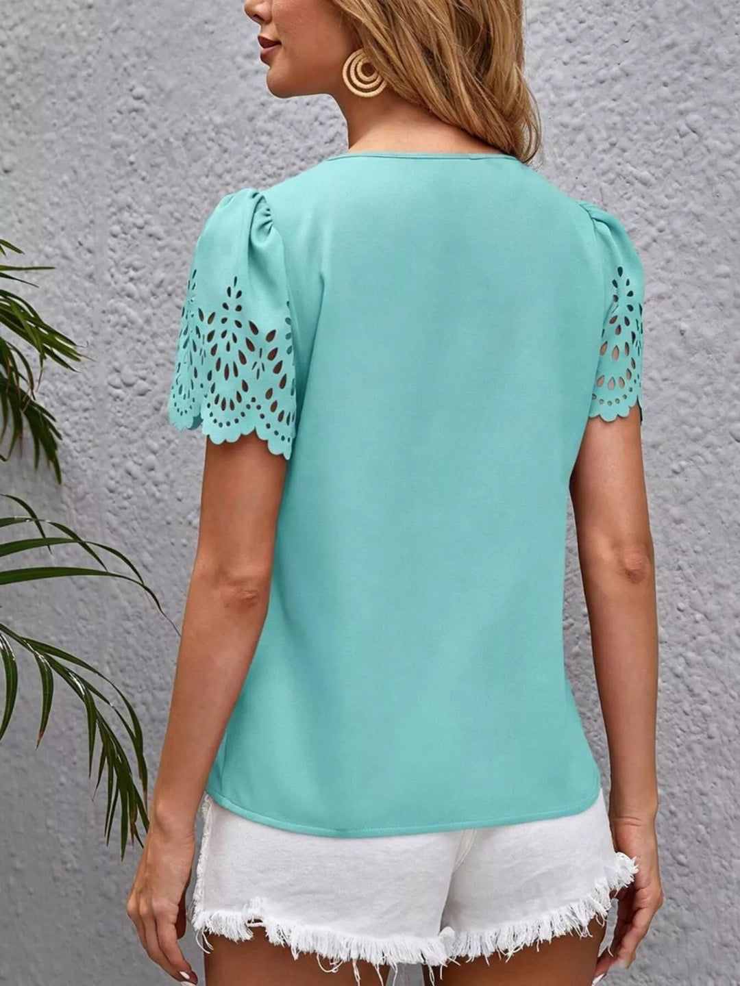 V-neck blouse with eyelet cutout scalloped sleeves
