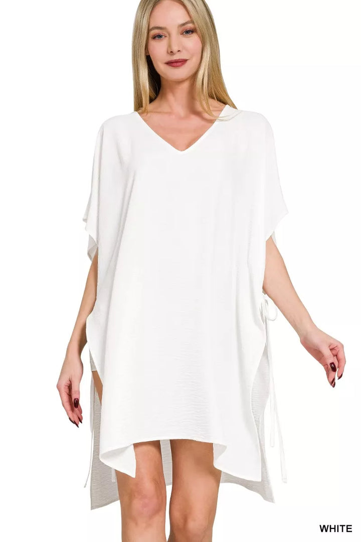 WHITE Woven tie-side V-neck beach cover-up with side slits