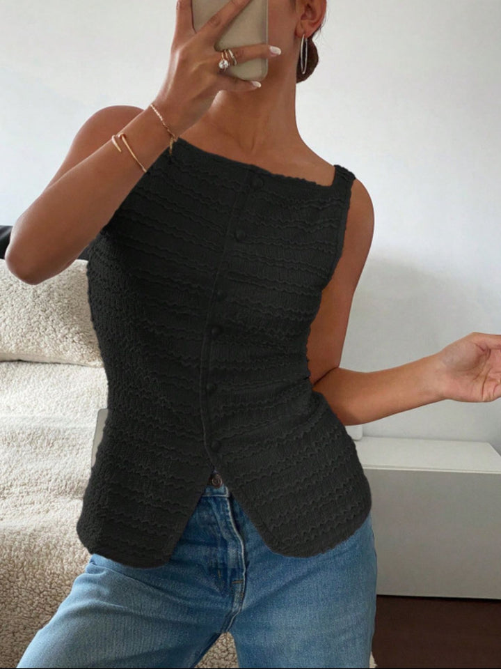 Textured button-front tank with square neck and split hem