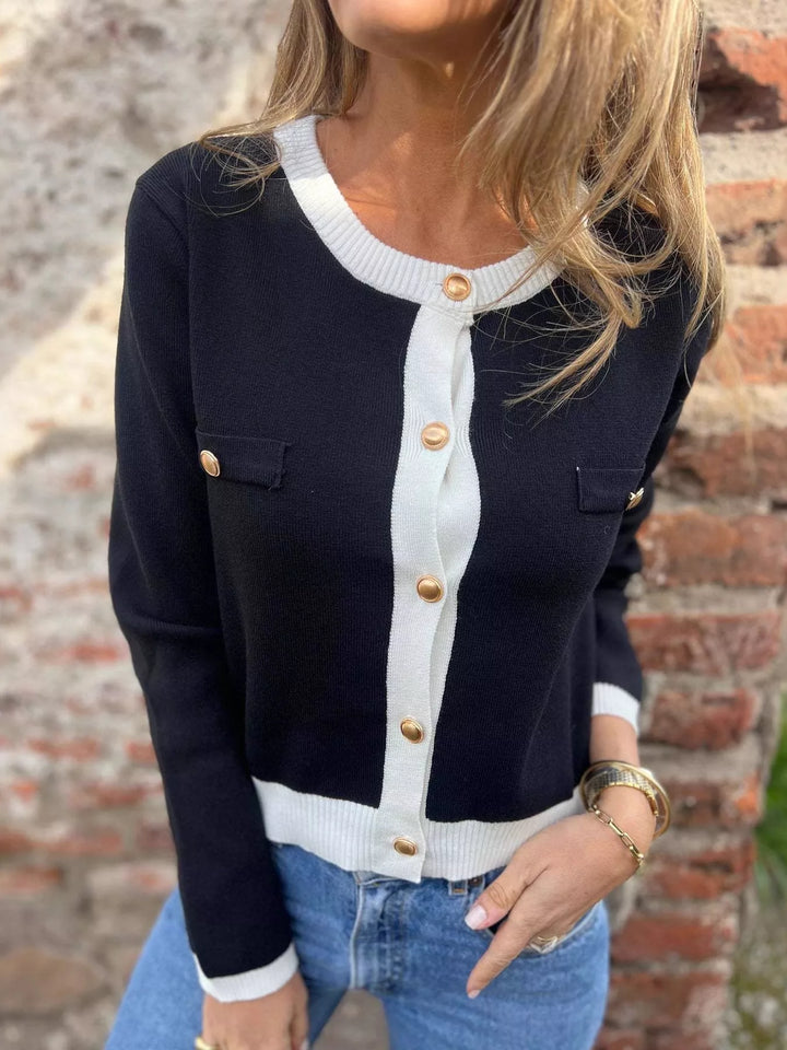 Contrast trim button-up knit cardigan with gold buttons