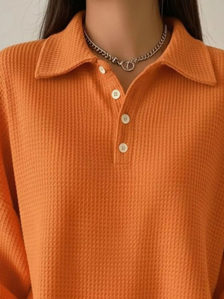 Waffle knit collared pullover with button placket