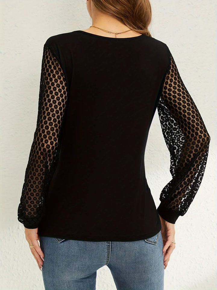 Wrap-front surplice top with sheer lace long sleeves
