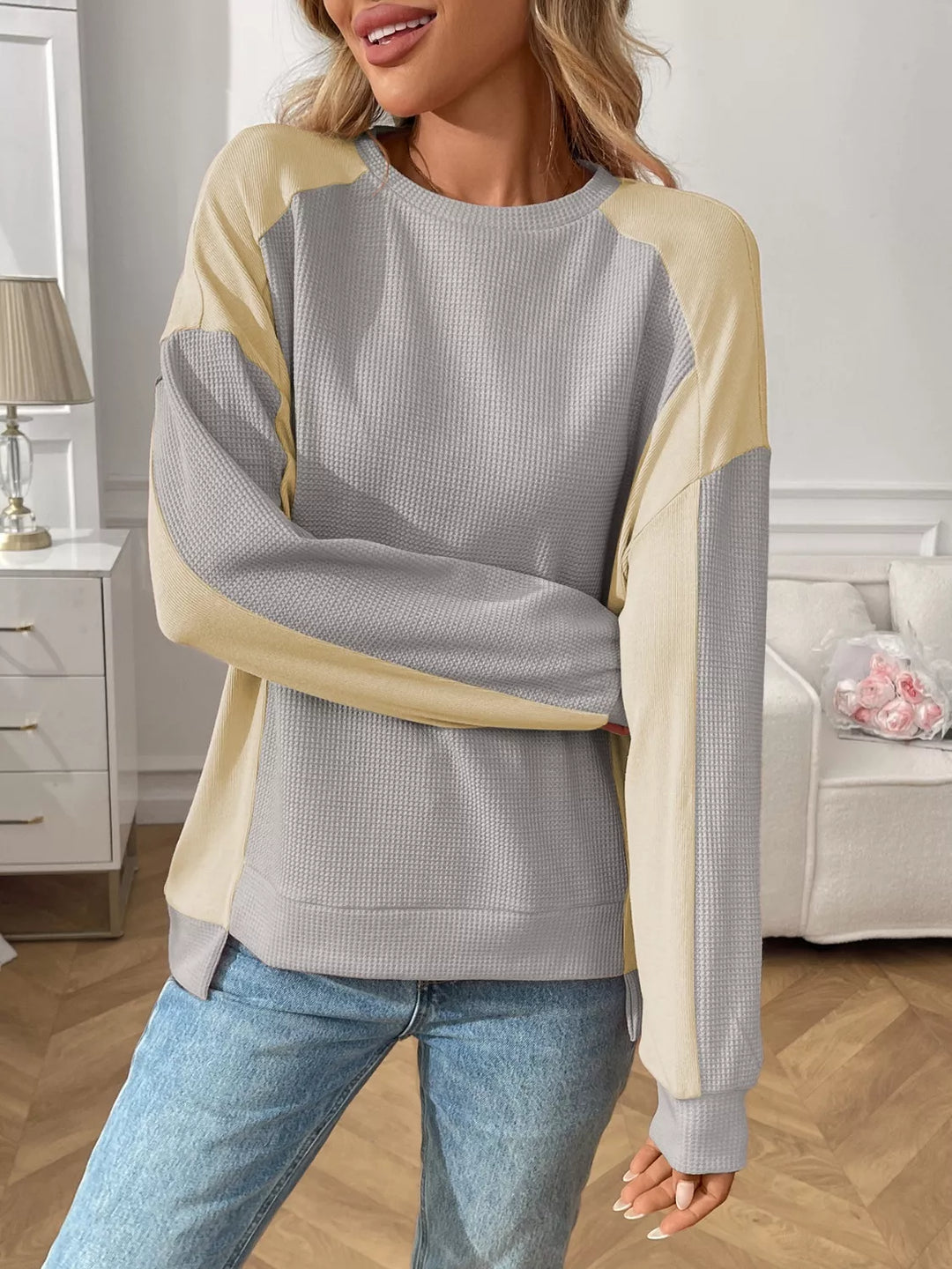Color block waffle knit long sleeve top