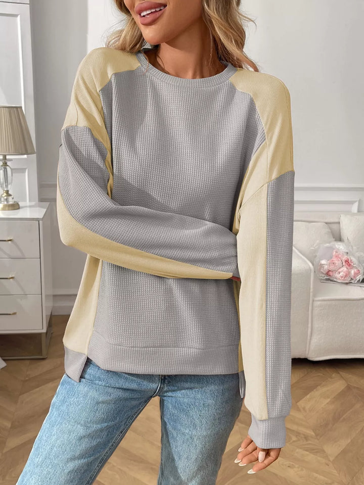 Color block waffle knit long sleeve top